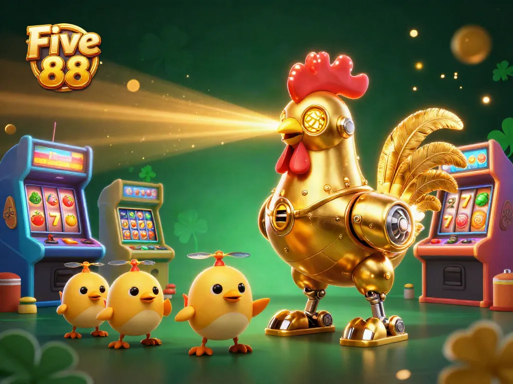 Experience thrilling gameplay at Five 88 with vibrant slot machines and a dazzling golden rooster robot.