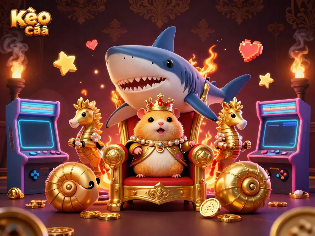 Experience Kèo nhà cái with a vibrant scene featuring a golden hamster king and seahorse guards amidst dynamic gaming elements.