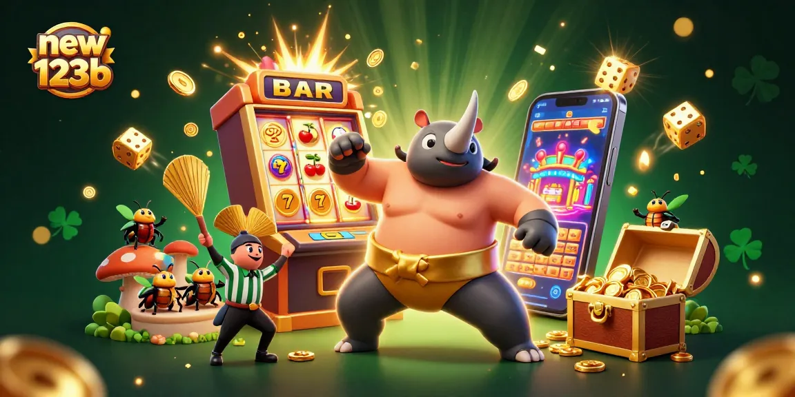 Engage with new123b as the rhinoceros beetle champion celebrates a jackpot in a vibrant casino showdown.