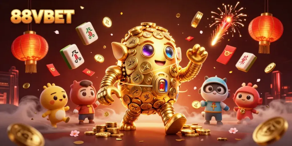 Experience the thrill of 88VBET with a vibrant 3D scene featuring a magical golden golem, embodying luck and fortune.