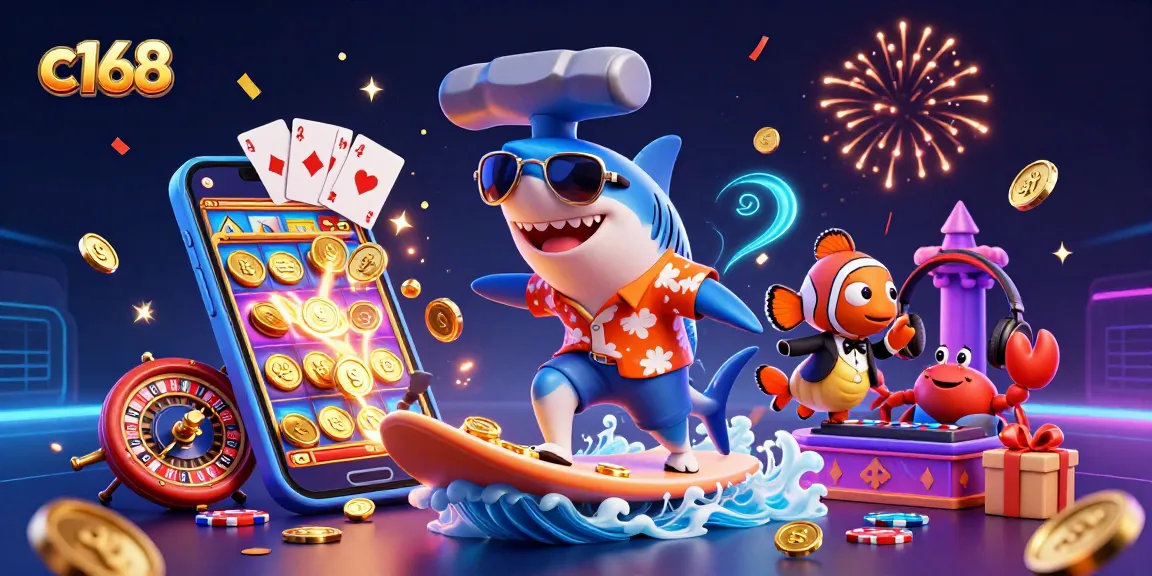 Join the fun with c168 as a shark surfs gold coins amidst vibrant slot games and a lively coral DJ scene.