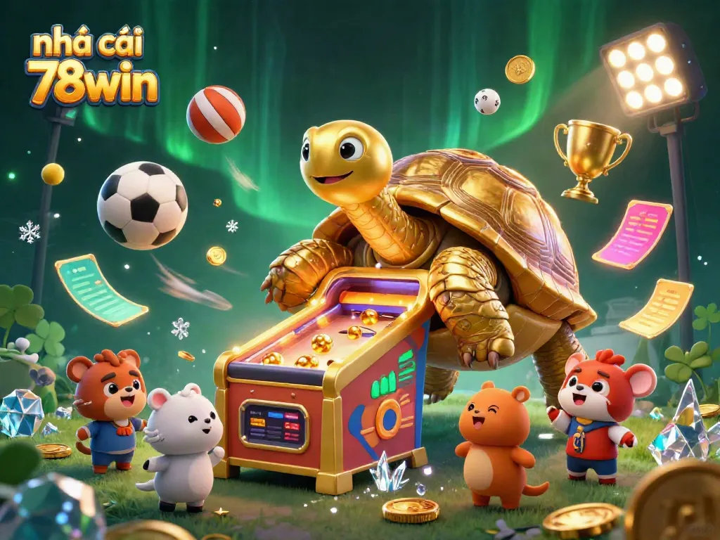 Experience the excitement of nhà cái 78win with large golden tortoise pinball featuring sports elements in a dynamic casino scene.