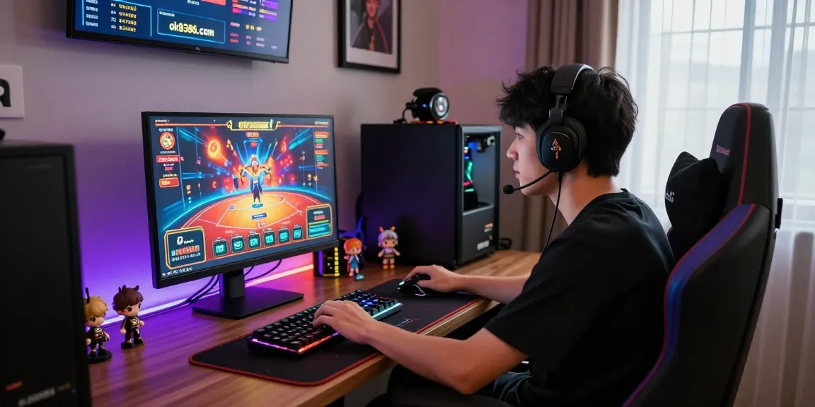 Player engaged in gaming on ok8386.com with colorful peripherals and cozy ambiance.
