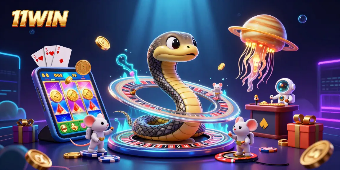 Engage with 11WIN's vibrant casino visuals through a dynamic cosmic scene of gaming.