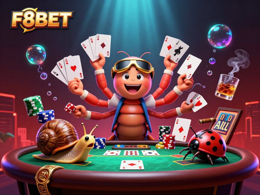 Experience thrilling gameplay with F8BET's vibrant casino illustration featuring a dynamic millipede dealer.