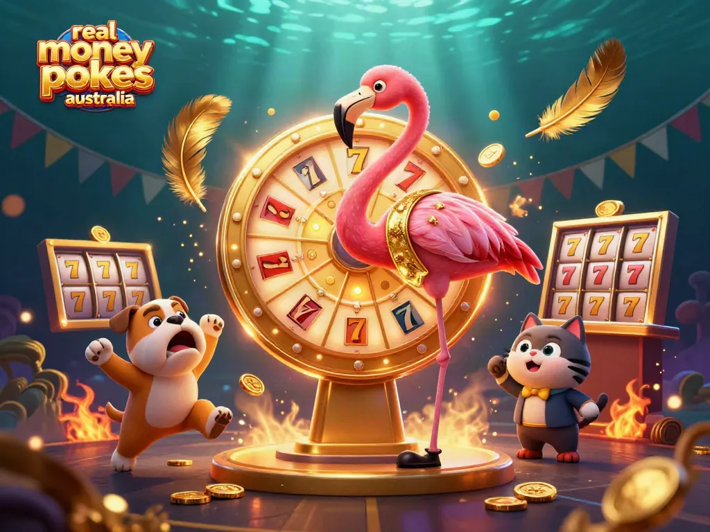 Experience real money pokies Australia in an exciting casino scene with vibrant characters and golden rewards.