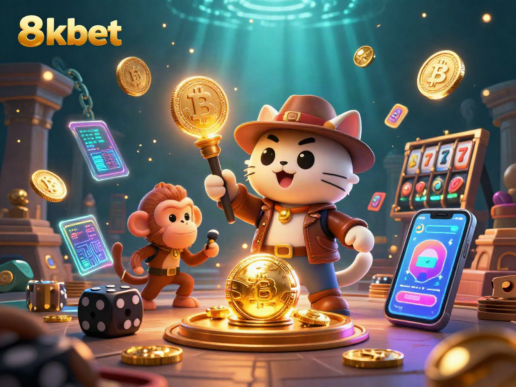 Uncover the excitement at 8xbet with a daring cat and monkey discovering casino treasures amidst crypto tokens.