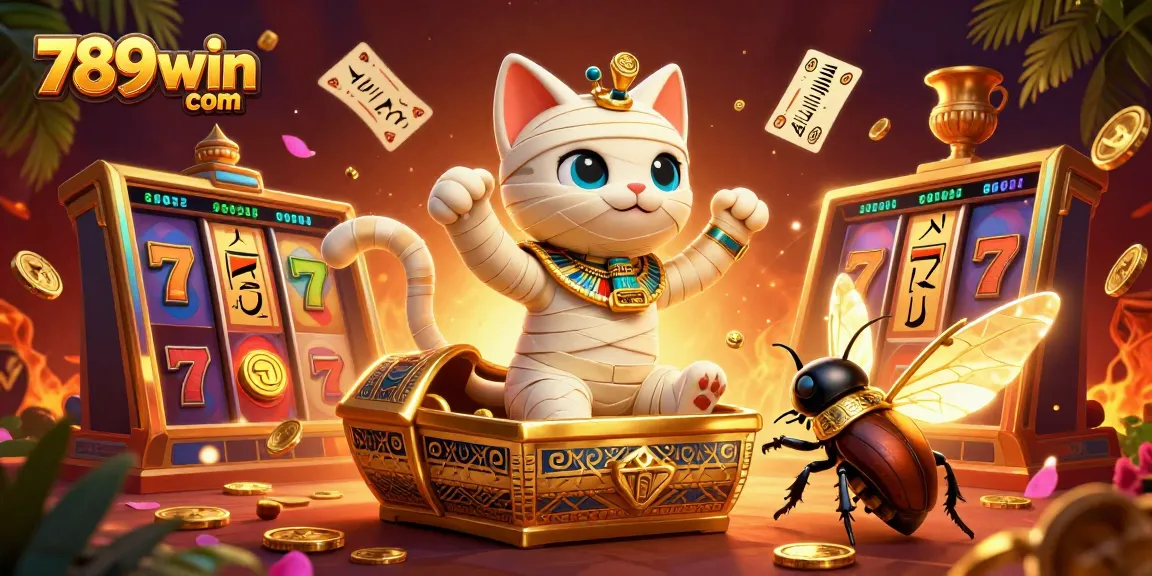 Spin the reels at 789win com, featuring a mummy cat and golden treasures in a vibrant casino.