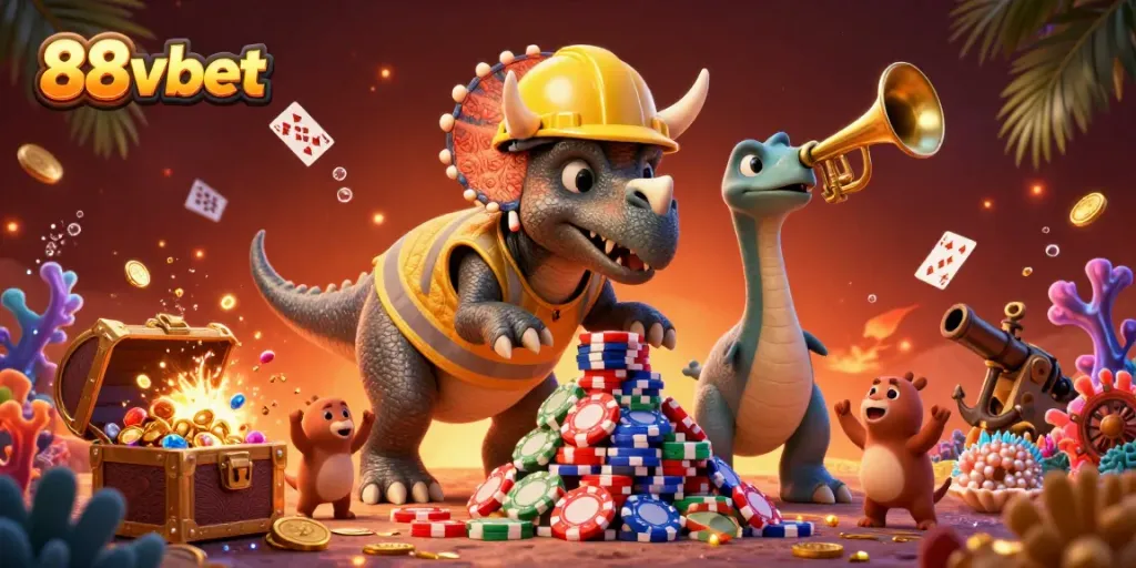 Engage with 88vbet's vibrant gaming scene featuring a triceratops and parasaurolophus celebrating wins.