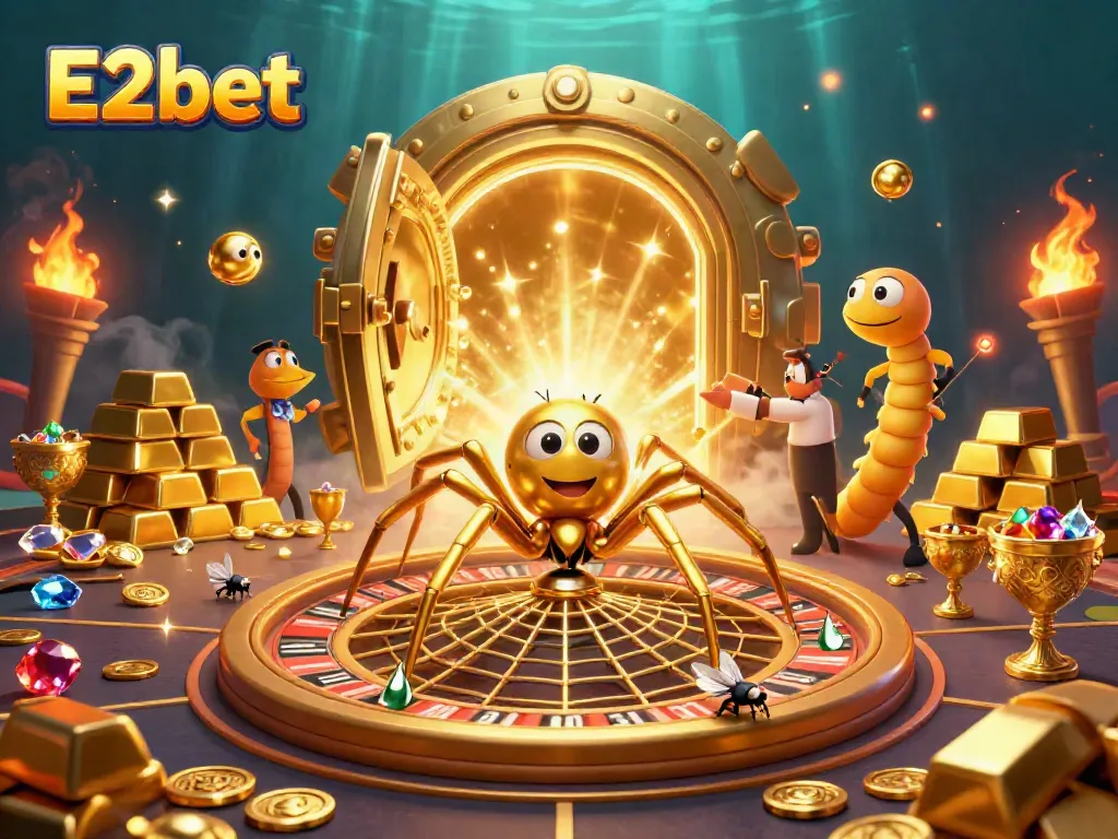 Place bets with E2bet's 3D golden spider and croupier among riches and sparkling gems.