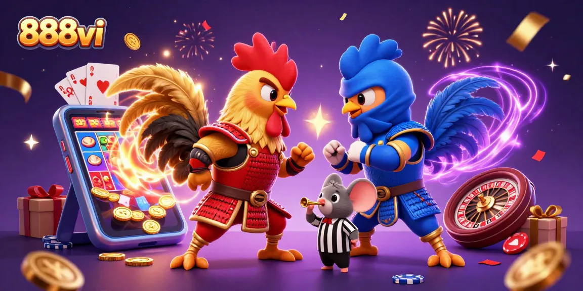 Experience the thrilling action of 888vi with dynamic roosters and casino games in a vibrant 3D scene.