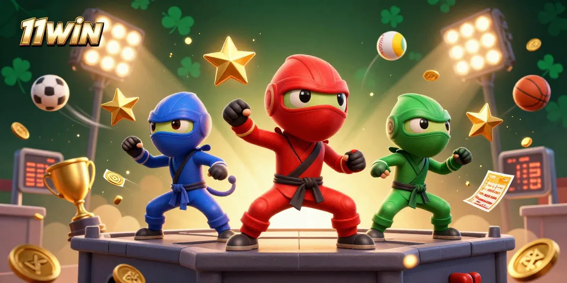 12WIN enhances excitement with 3D cartoon ninjas and vibrant sports elements in a lively casino atmosphere.