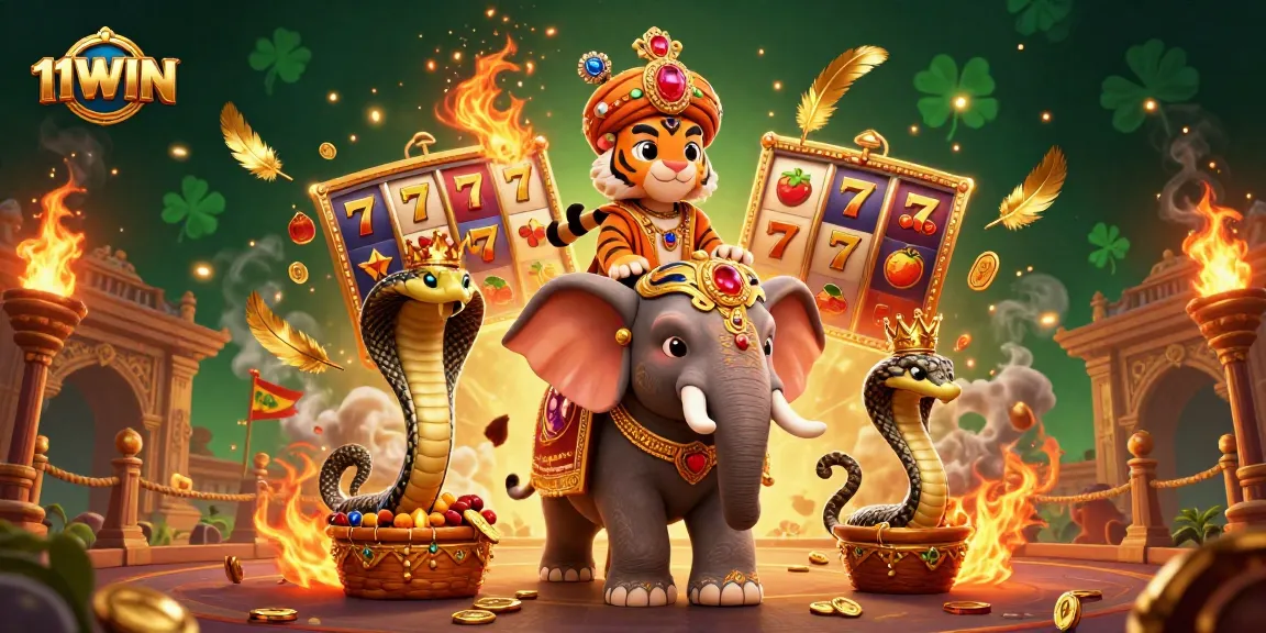 Experience the thrill of 11WIN with a vibrant 3D casino scene featuring a majestic maharaja and exciting slots.