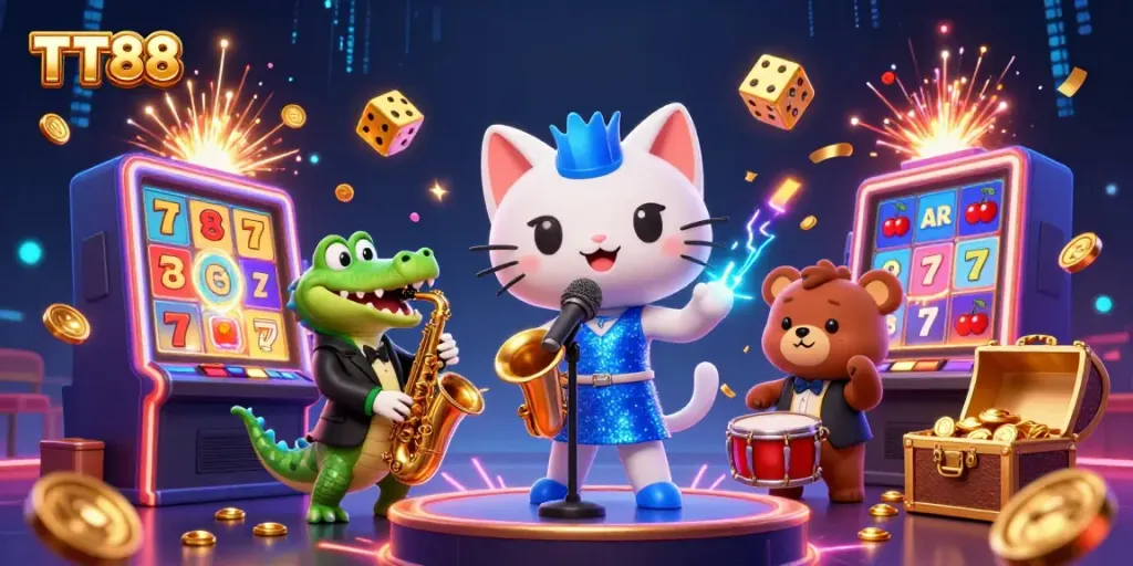 Experience excitement at TT88 with a lively 3D casino scene featuring vibrant characters and a jackpot explosion.