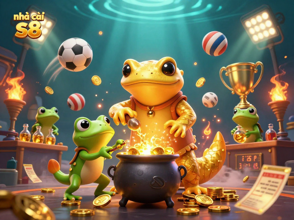 Engage in thrilling action with nhà cái s8 amidst golden coins, sports elements, and magical alchemy.