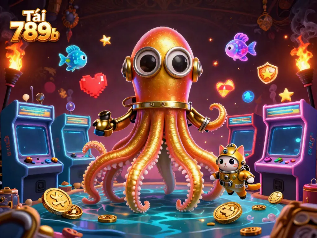 Experience the thrill of Tải 789club where a colossal kraken meets a diving cat in a vibrant gaming scene.