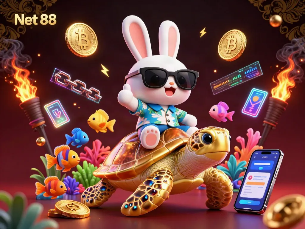 Experience thrilling gaming at Net 88 with a lucky rabbit on a golden turtle depicting an engaging online casino atmosphere.