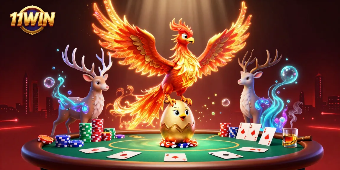 11WIN showcases a vibrant casino scene featuring a phoenix and poker elements.