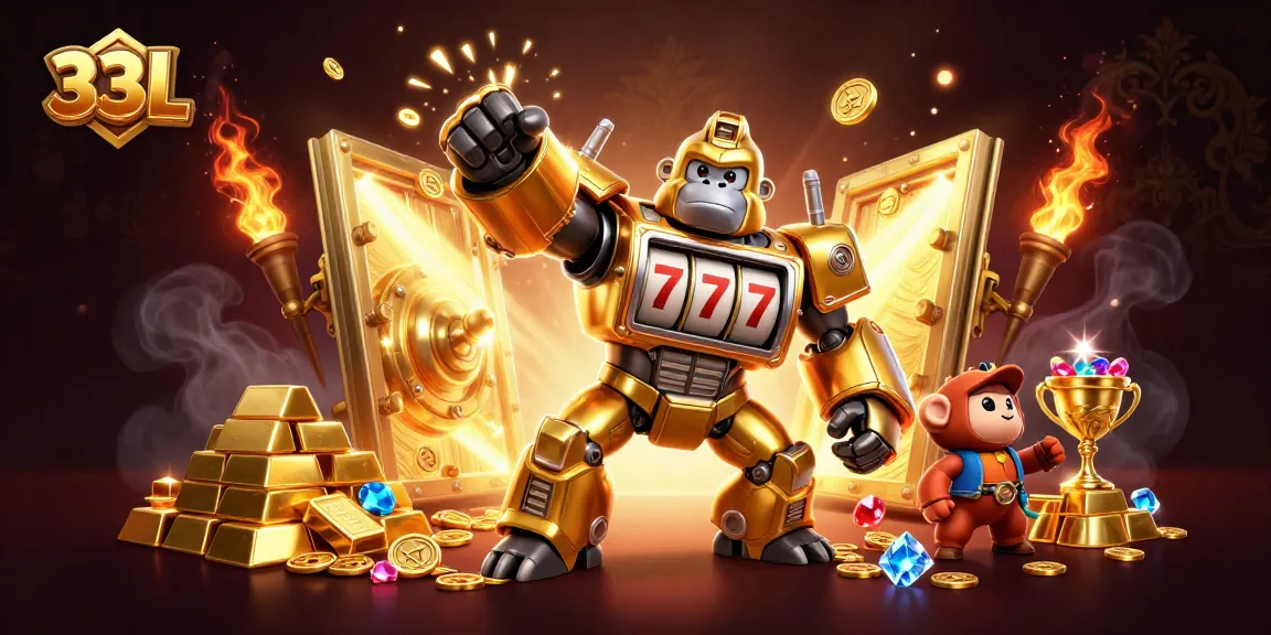 33L interactive golden gorilla mech emerging from a treasure vault, promoting thrilling gaming adventures.