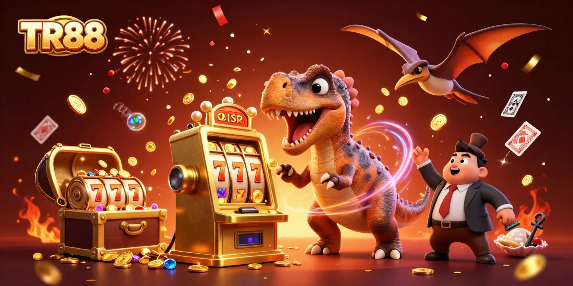TR88 challenges the slot machine as golden coins rain down in a vibrant casino scene.