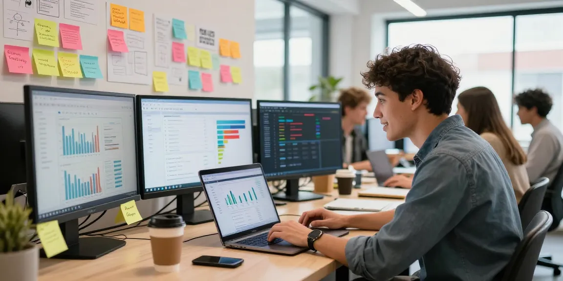 Tim muda bekerja di laptop dengan analisis GEGESLOT di ruang co-working yang energik.