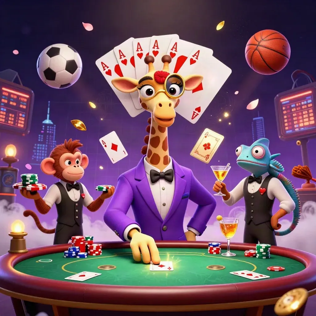 Cartoon giraffe, monkey, and chameleon at a neon poker table with chips, balls, and casino lights.