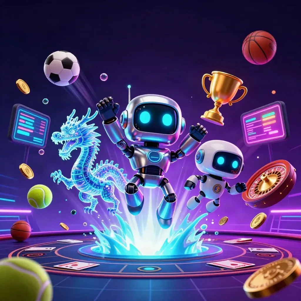 Cyberpunk robot, hologram dragon, and coin drone amid casino bursts of gold and neon.