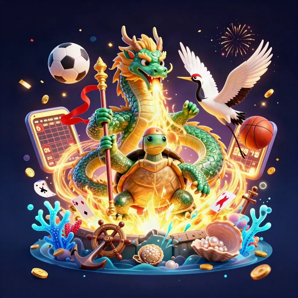 Jade dragon, turtle sage and cranes amid coins, coral, cards and sports balls in neon casino fantasy.