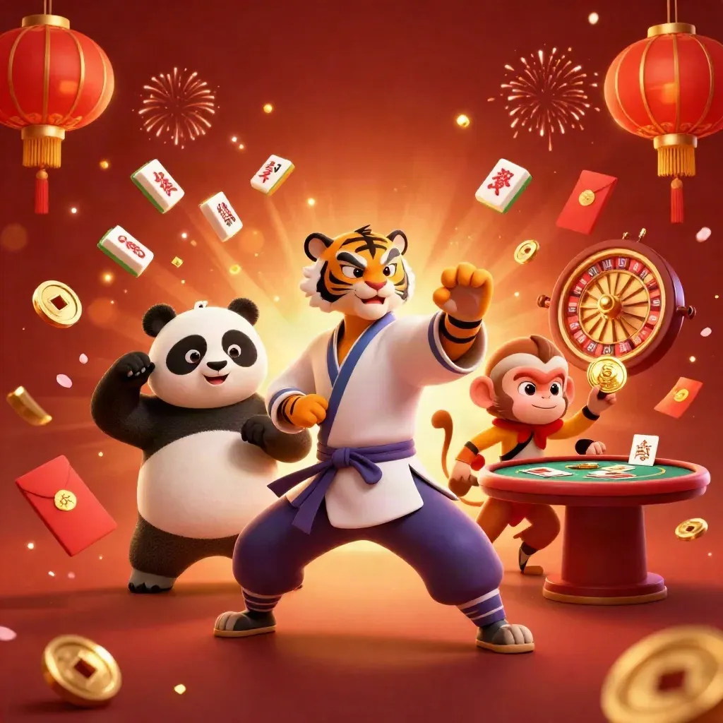 Kung-fu tiger, panda, and monkey amid glowing casino treasures and spinning table props