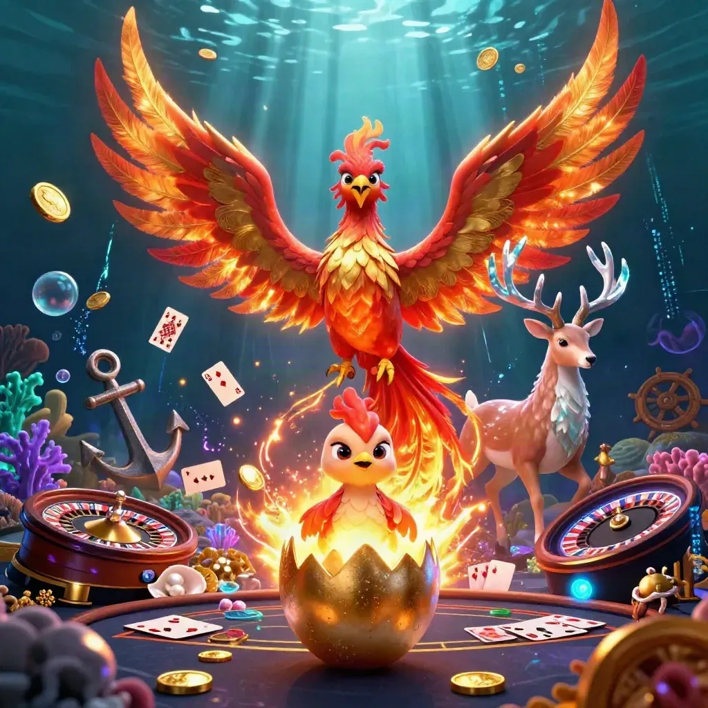 Phoenix, stag, and hatchling phoenix in a jeweled underwater casino with glowing treasure and electric light.