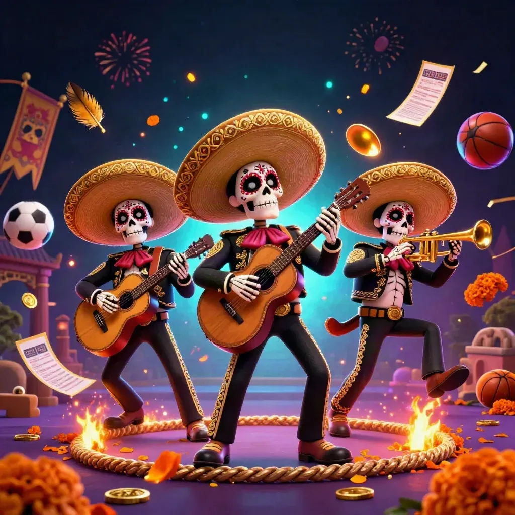 Day-of-the-Dead skeleton mariachi trio amid gold coins, fireworks, balls and casino glow.