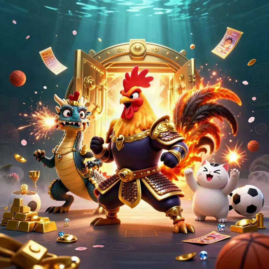Rooster warrior, dragon hatchling, and fortune-cat amid vault light, gold, and casino water glow.
