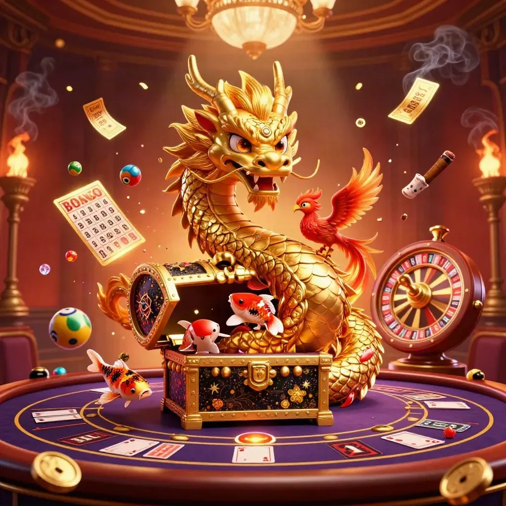 Golden dragon, phoenix and koi amid casino lights and spinning game elements.