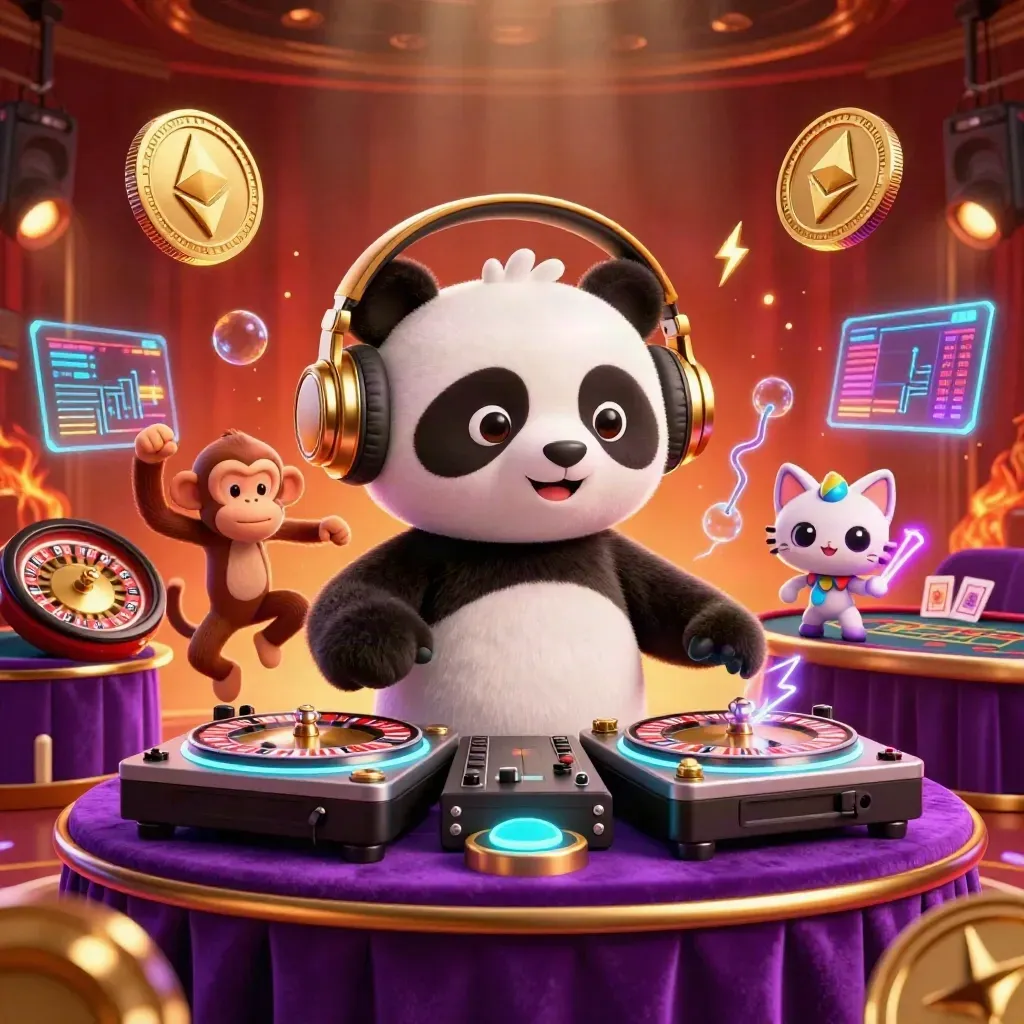 DJ panda, monkey, and glow-stick kitten in a luxe neon casino scene with coins and lightning.