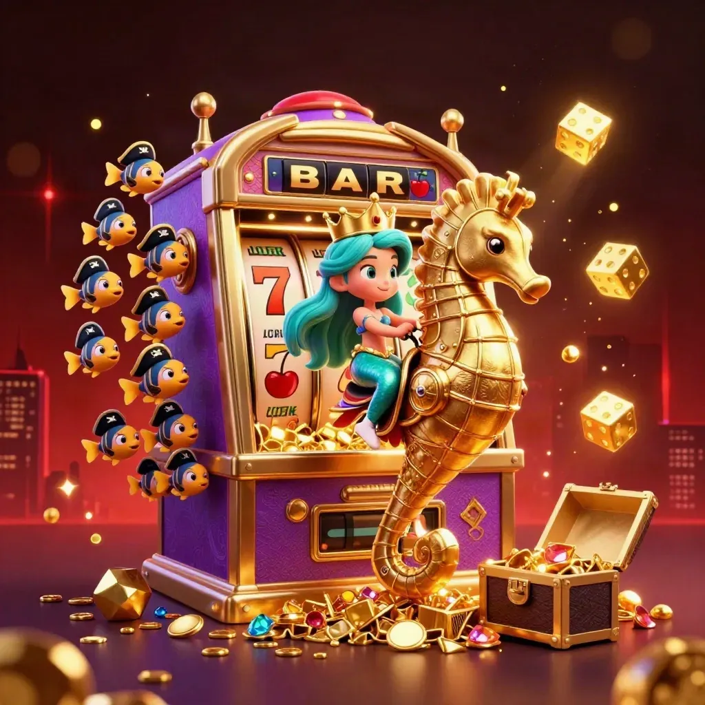 Mermaid princess on golden seahorse amid slot burst, fish pirates, gold, and neon purple casino glow.