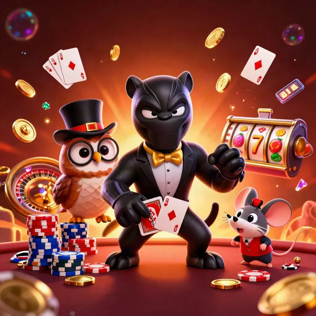 Black panther dealer, owl gambler, and mouse in a luxe purple-gold casino splash art