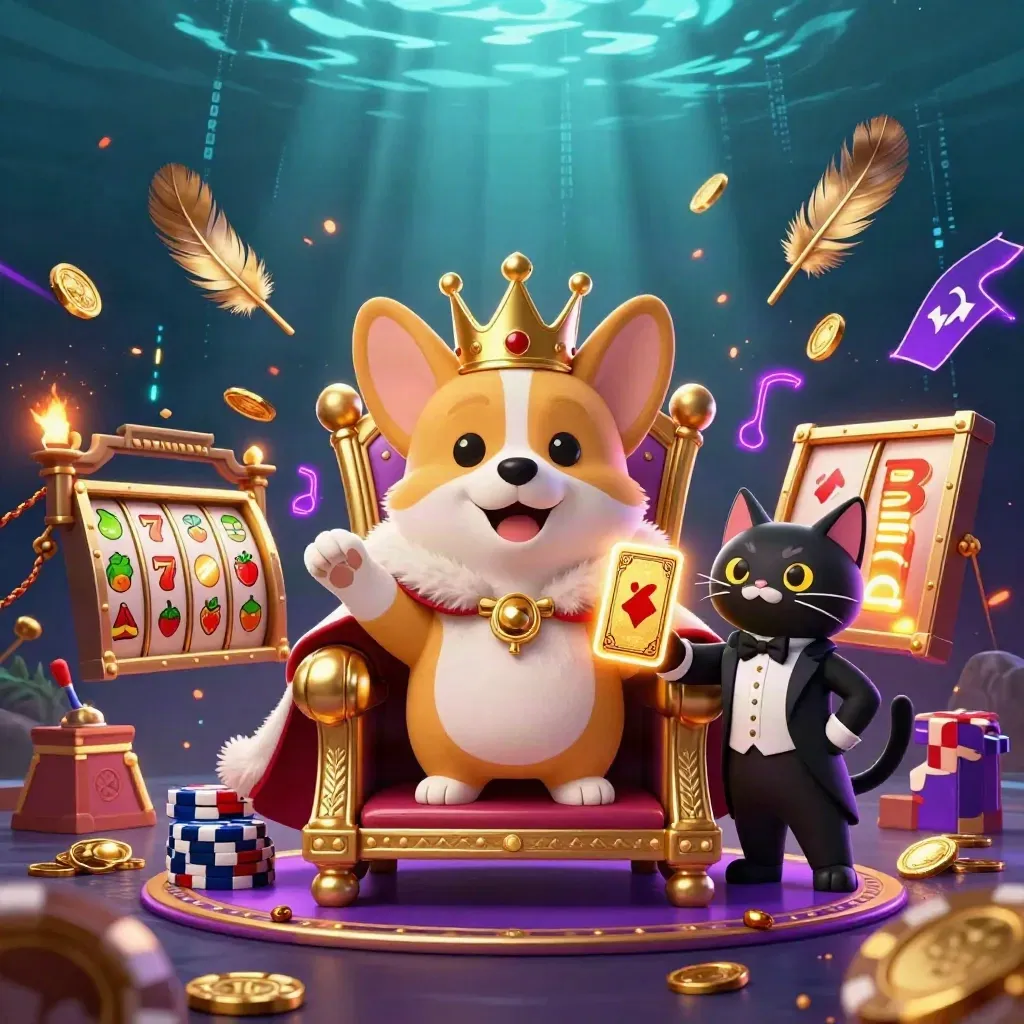 Royal corgi king and cat butler amid casino loot, neon bolts, temple gate, underwater glow.