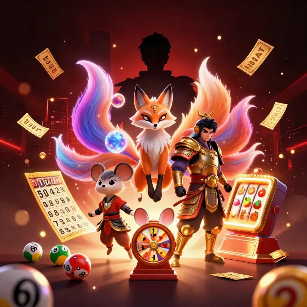 Nine-tailed fox spirit and samurai mouse with casino props in neon-lit key art