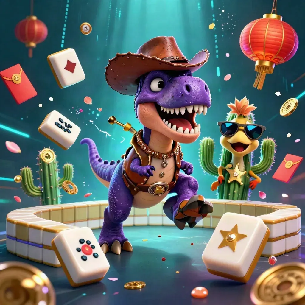 Cowboy T-Rex, cactus sidekick, and sheriff roadrunner amid casino treasure, lanterns, and neon bolts