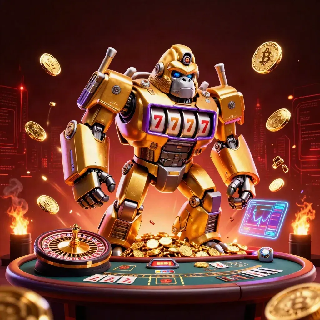 Golden gorilla mech bursts from a vault with coins, crypto glow, roulette wheel, and casino cards.