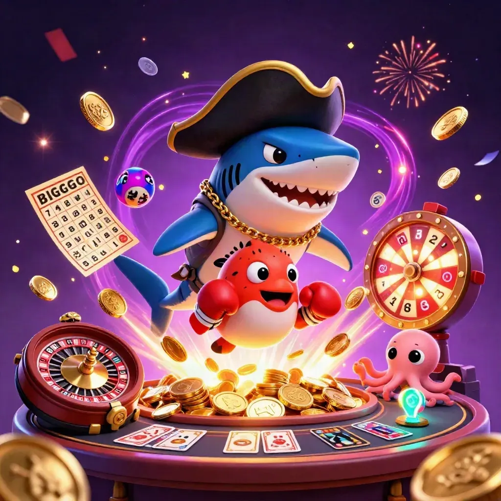Pirate shark, pufferfish, and octopus amid casino coins, fireworks, and glowing wheels.