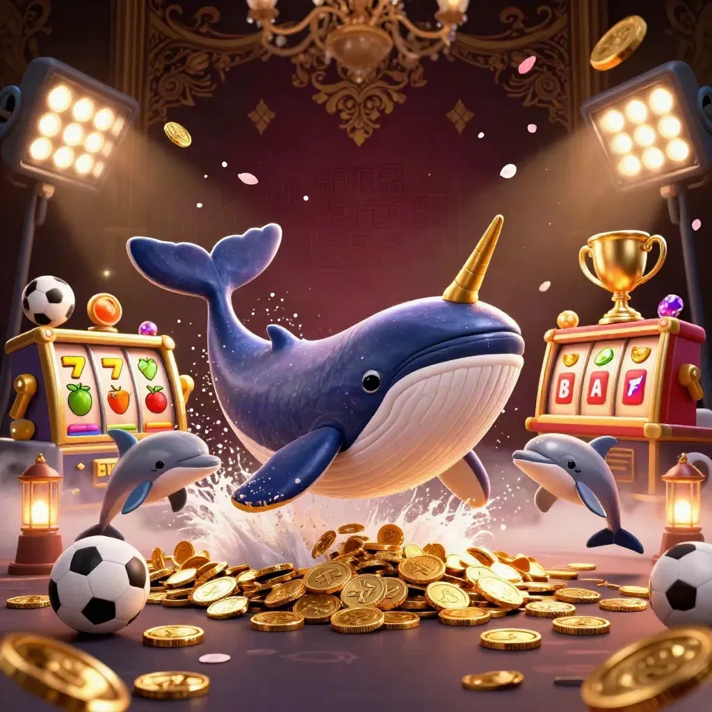 Whale captain, narwhal, and dolphins burst through coins in luxe casino fantasy art.