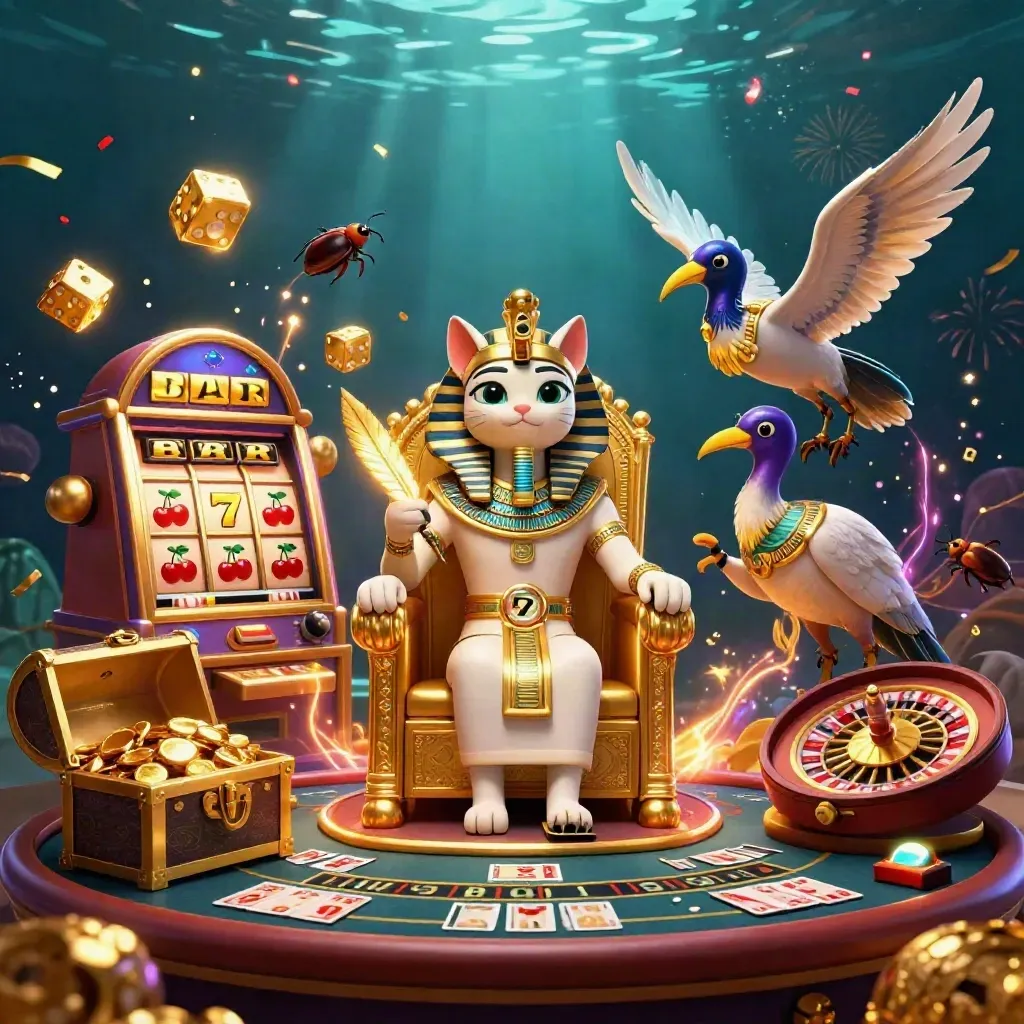 Pharaoh cat and ibis scribe amid jackpot bursts, coins, scarabs, and treasure in luxe casino glow.