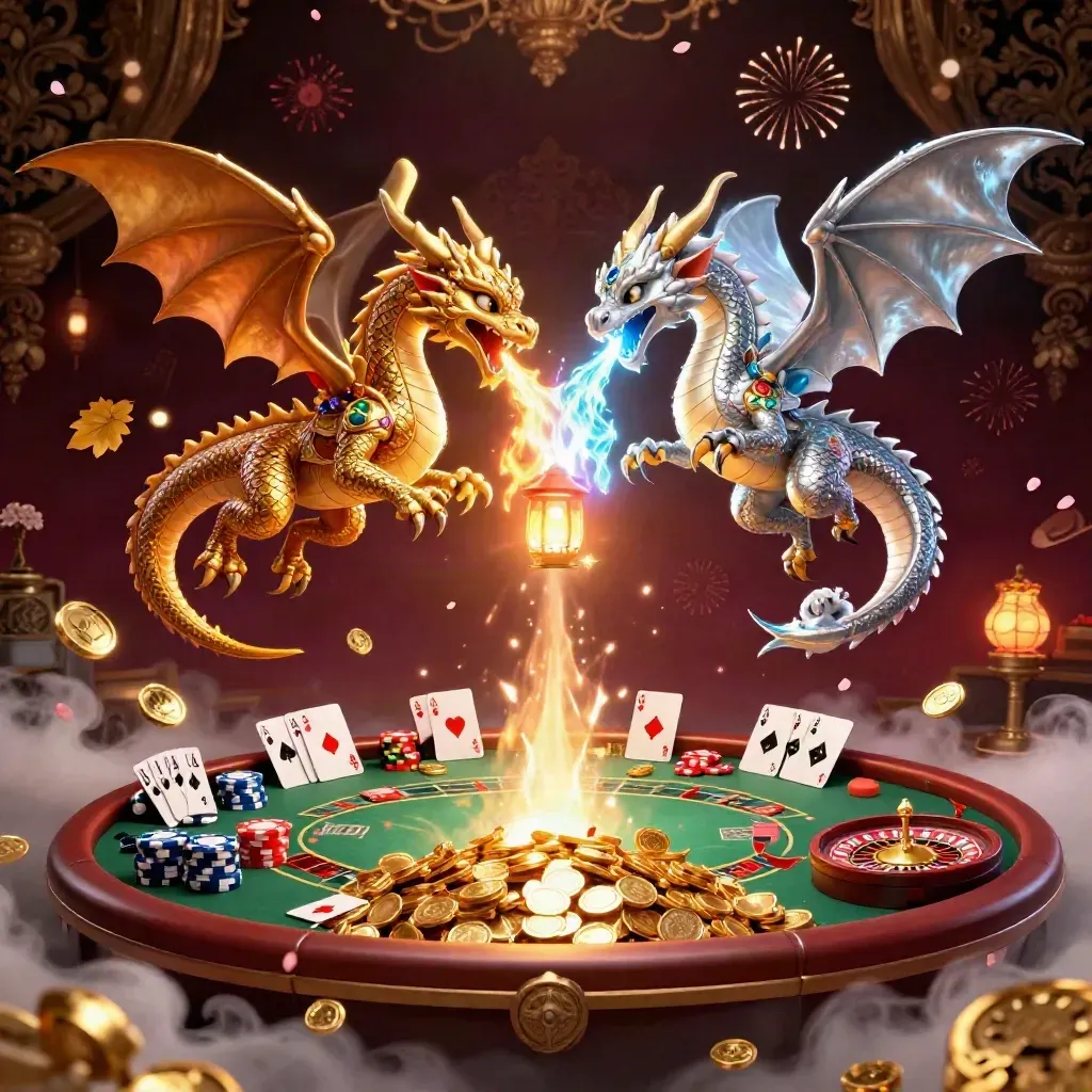 Twin gold and silver dragons whirl over casino chips, cards, and a spinning roulette wheel in purple-gold glow.