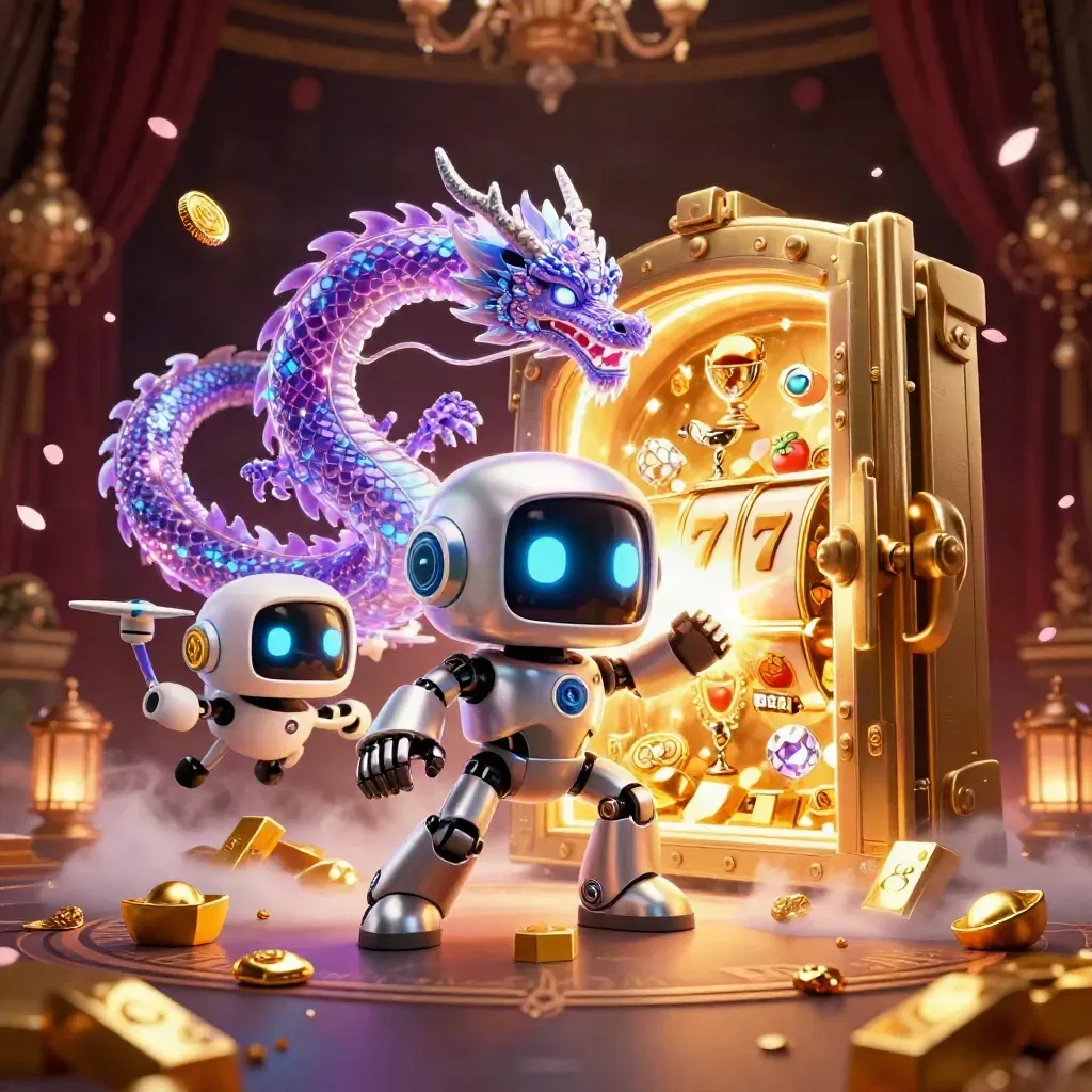Cyberpunk robot, holographic dragon and coin drone before a bursting vault, gold and purple glow