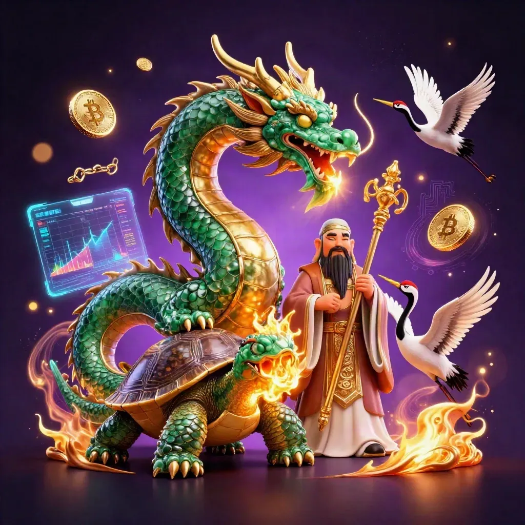 Emerald dragon, turtle sage, and cranes amid casino gold fire, coins, lightning, and purple glow