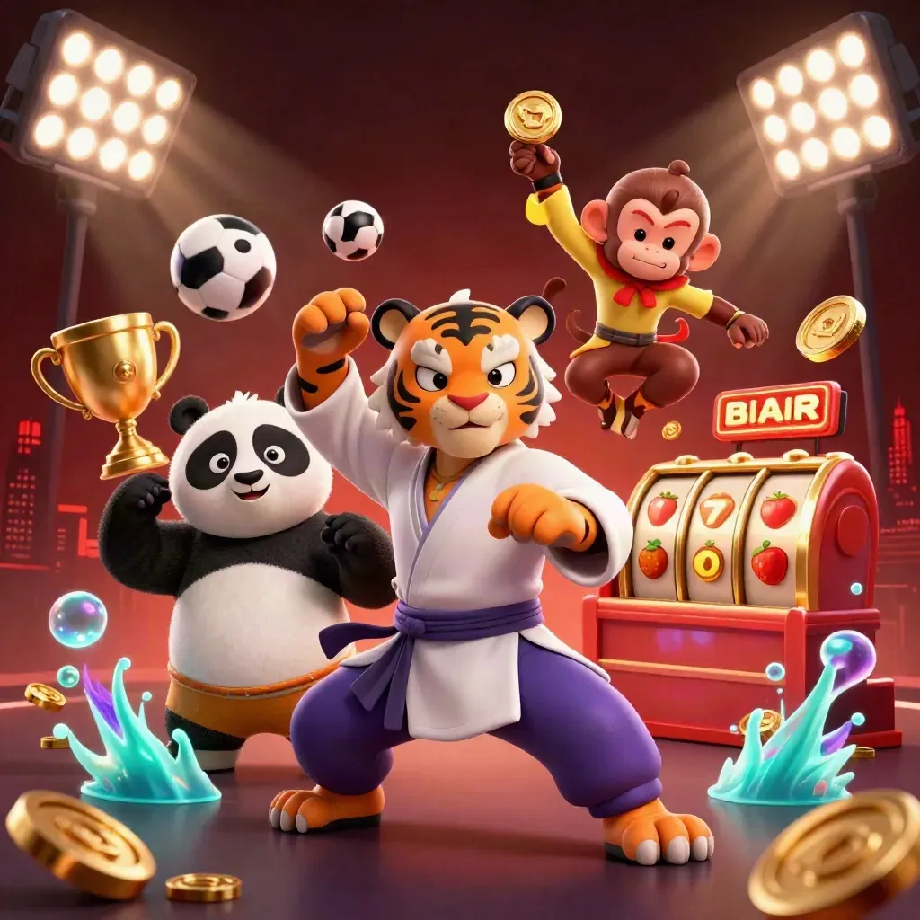 Tiger, panda, and monkey martial-arts trio with casino and sports effects in neon glow