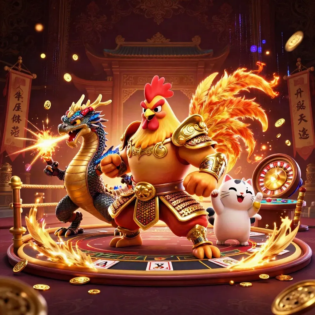 Rooster warrior, dragon hatchling, and fortune cat amid casino gold, sparks, and neon lights.