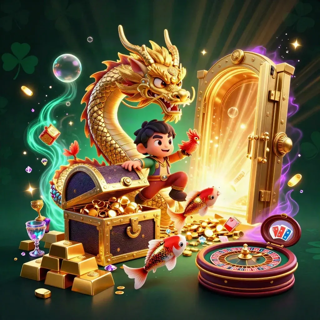 Golden dragon and phoenix erupting with treasure, casino lights, and vault glow.
