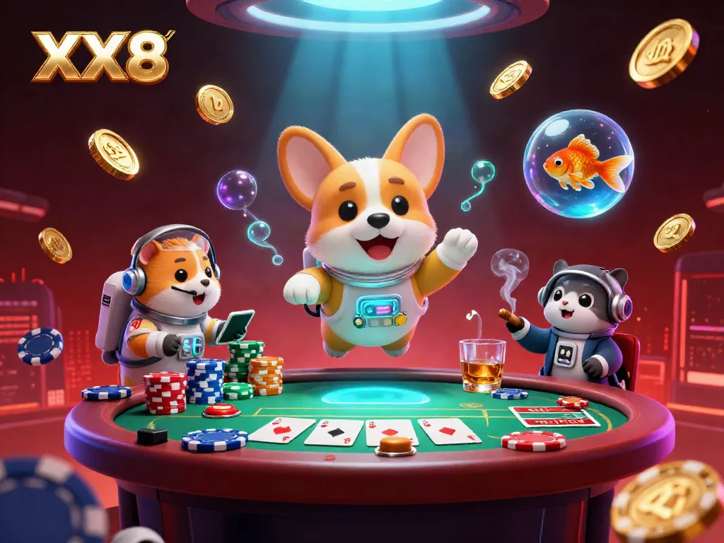 Experience the excitement of XX8 with a vibrant space casino scene featuring a cartoon astronaut corgi, shimmering poker chips, and a colorful background.